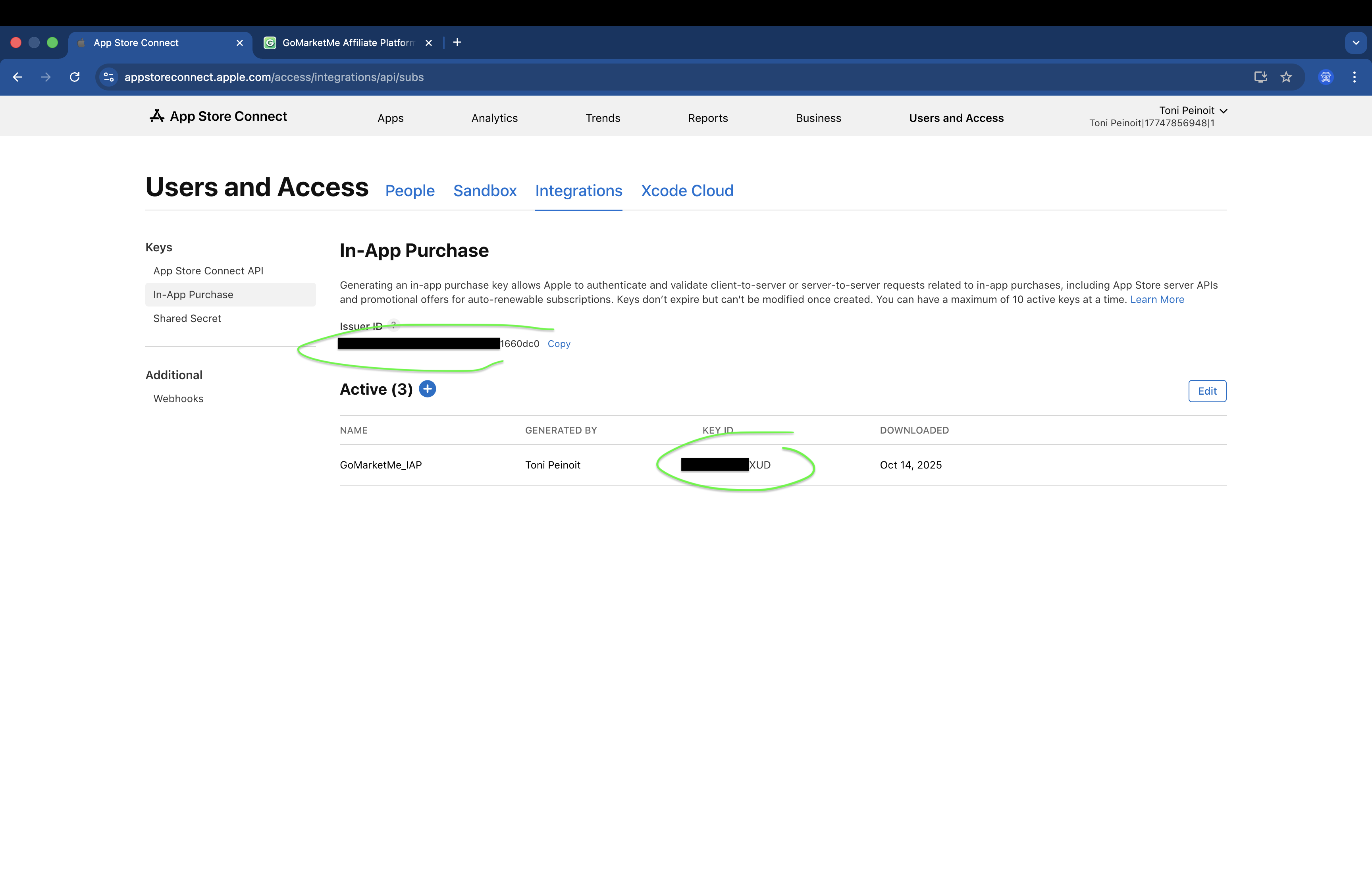 App Store Connect, In-App Purchase key