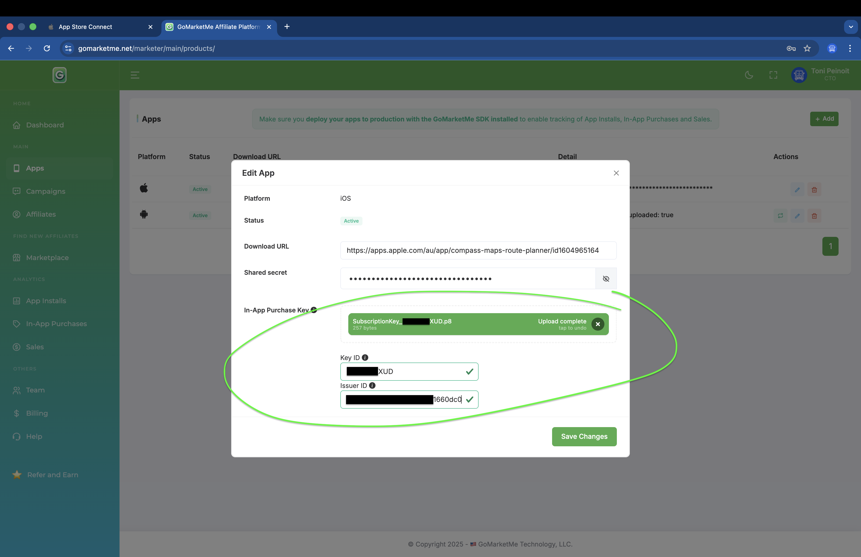 Upload an In-App Purchase key to GoMarketMe