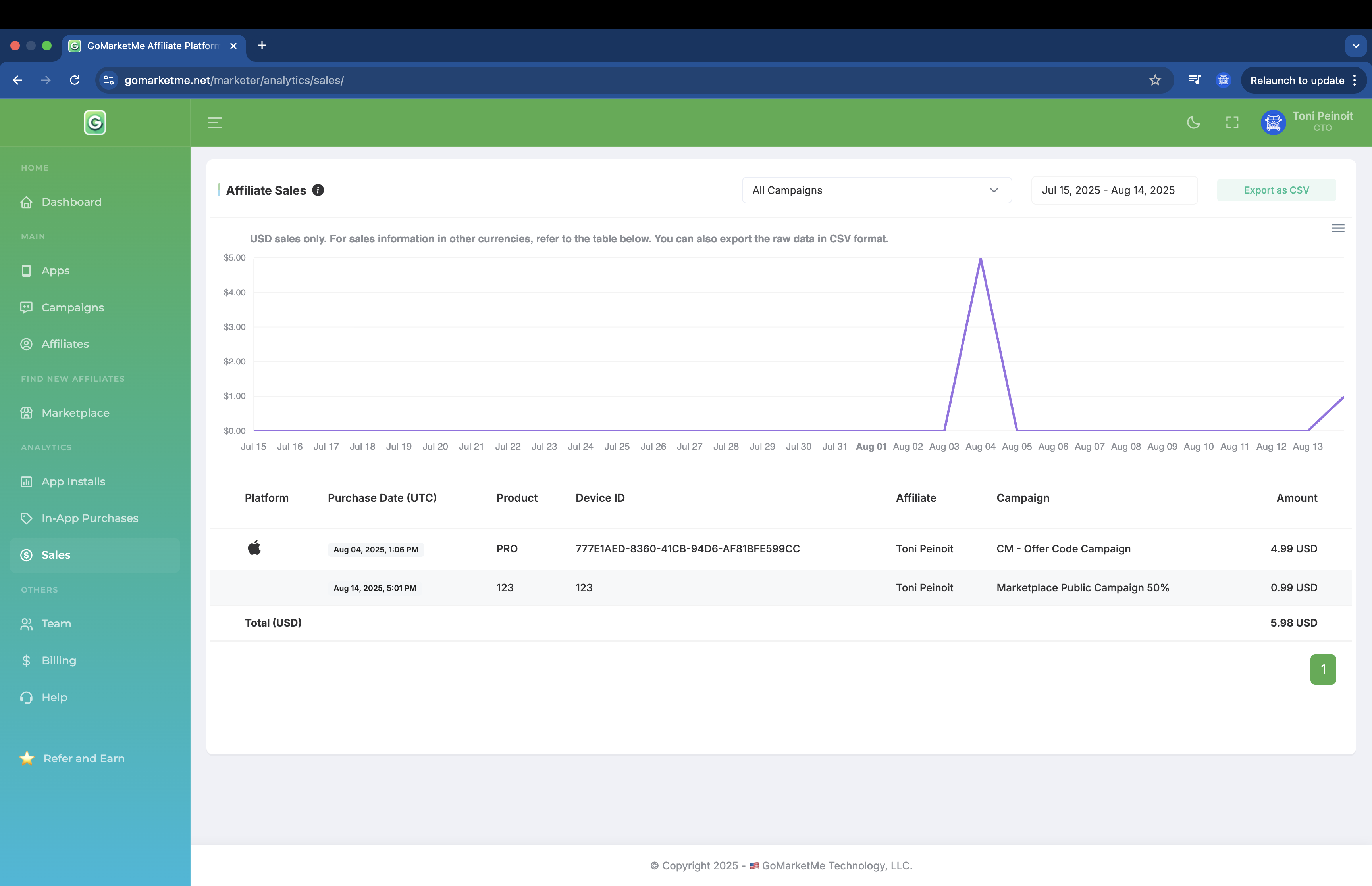 Tracking App to Web Affiliates Sales - Marketer UI