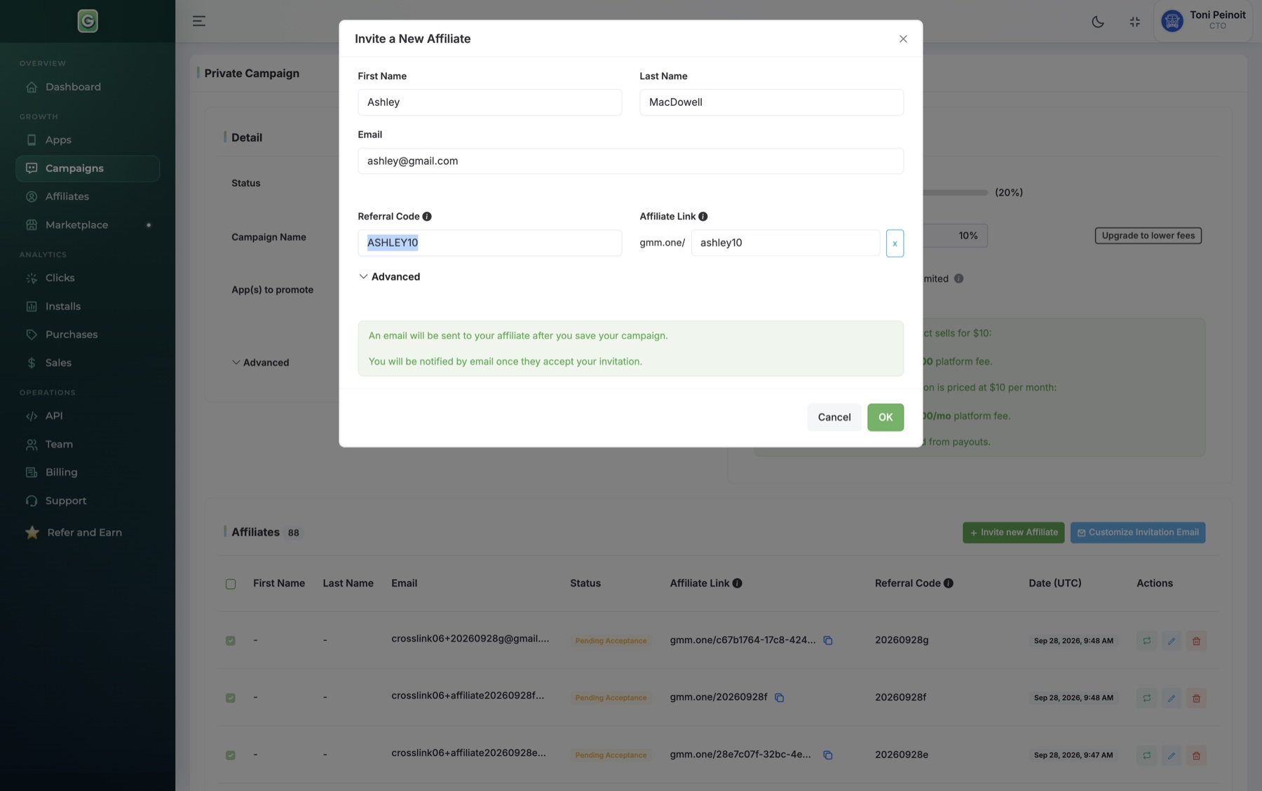 GoMarketMe affiliate invitation form assigning the referral code ASHLEY10 in a Private Campaign