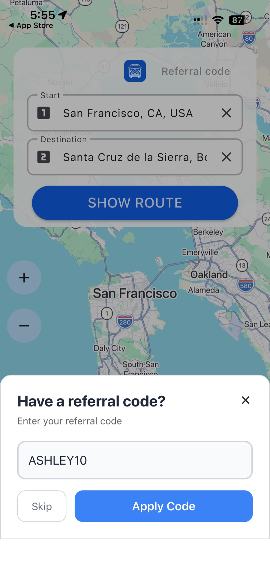 Mobile map app showing a user applying the referral code ASHLEY10