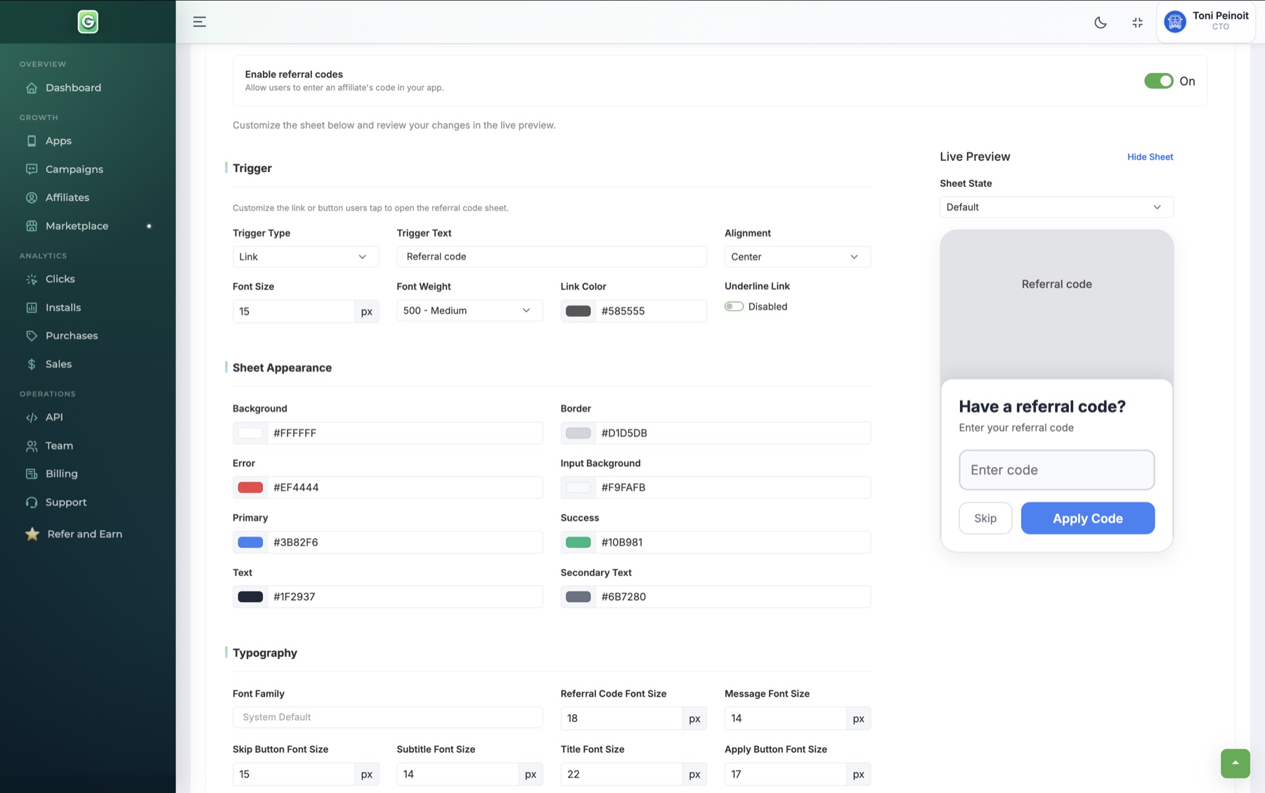 GoMarketMe referral-code customization controls with a live mobile preview