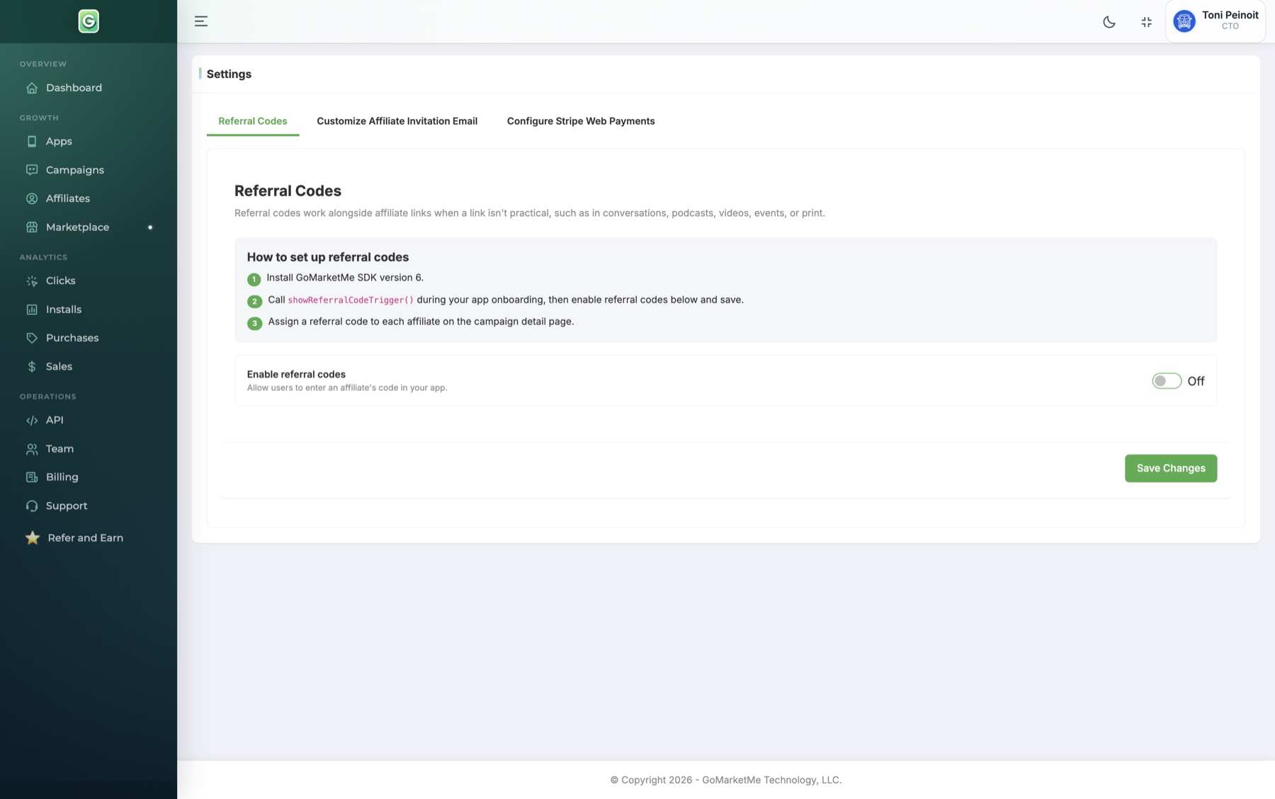 GoMarketMe Referral Codes settings showing the enable switch and three setup steps