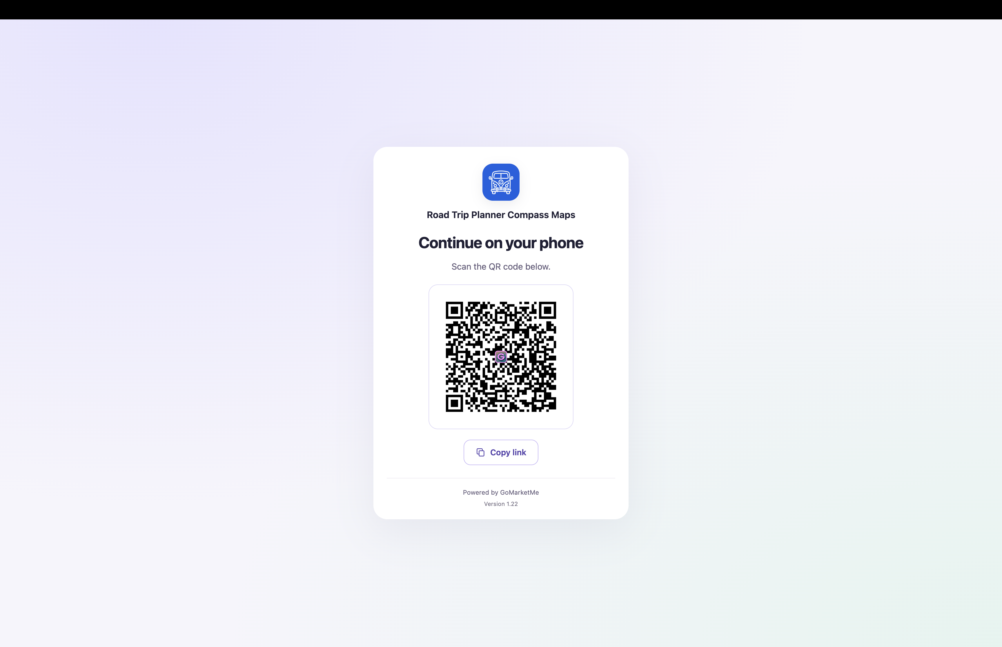 GoMarketMe desktop affiliate link page inviting users to continue on their phone by scanning a QR code