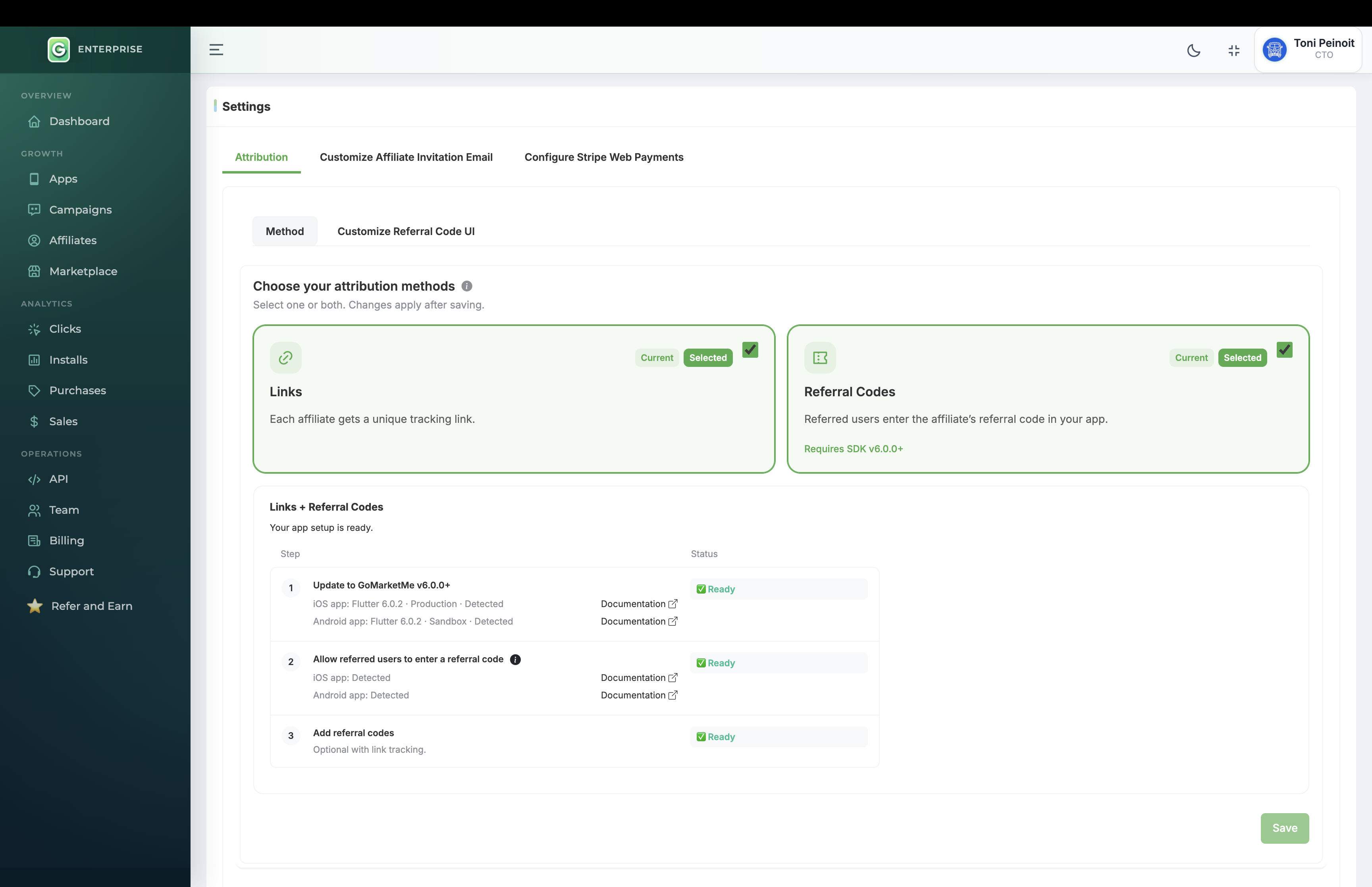 GoMarketMe Attribution Method settings showing Links, Referral Codes, and Both.