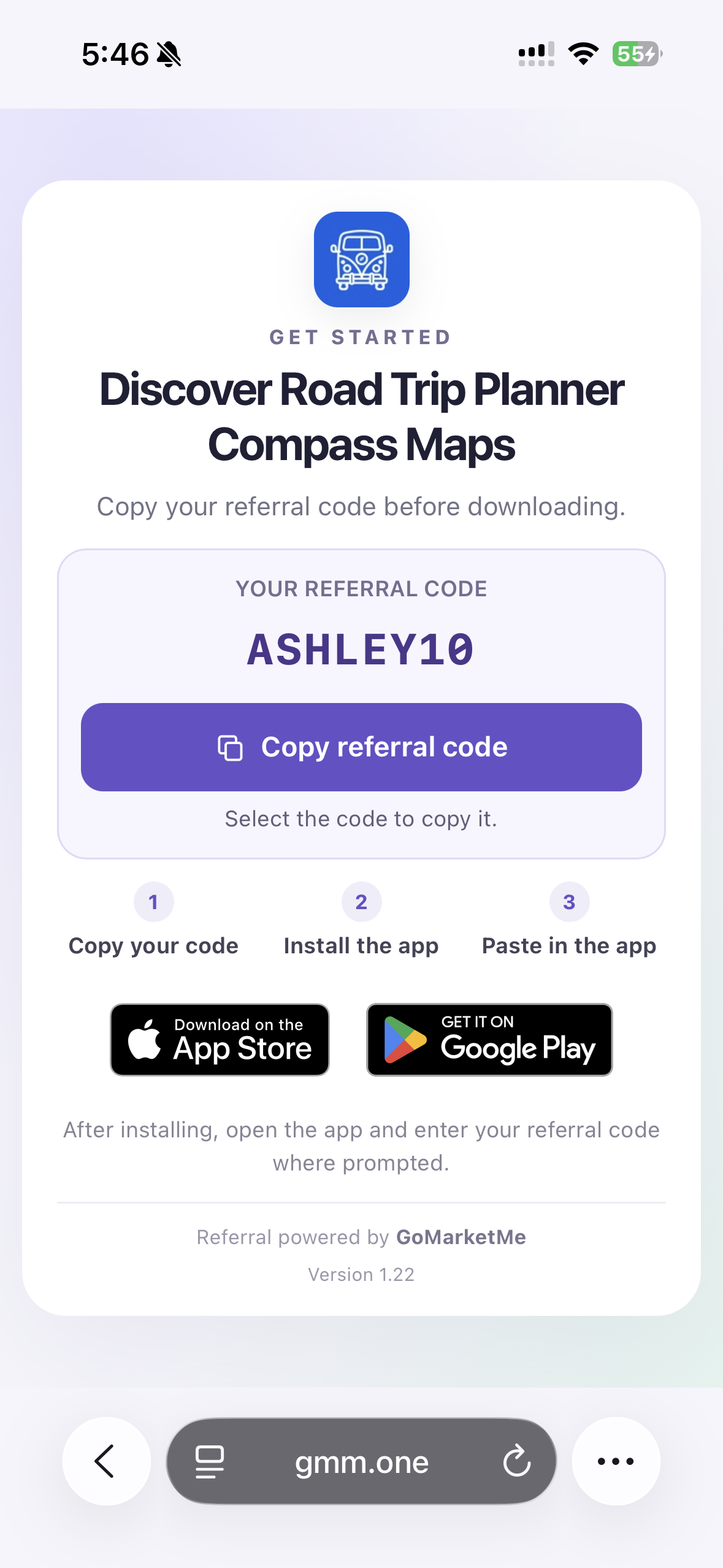 Branded app download page showing an app logo, referral code, and store download buttons.