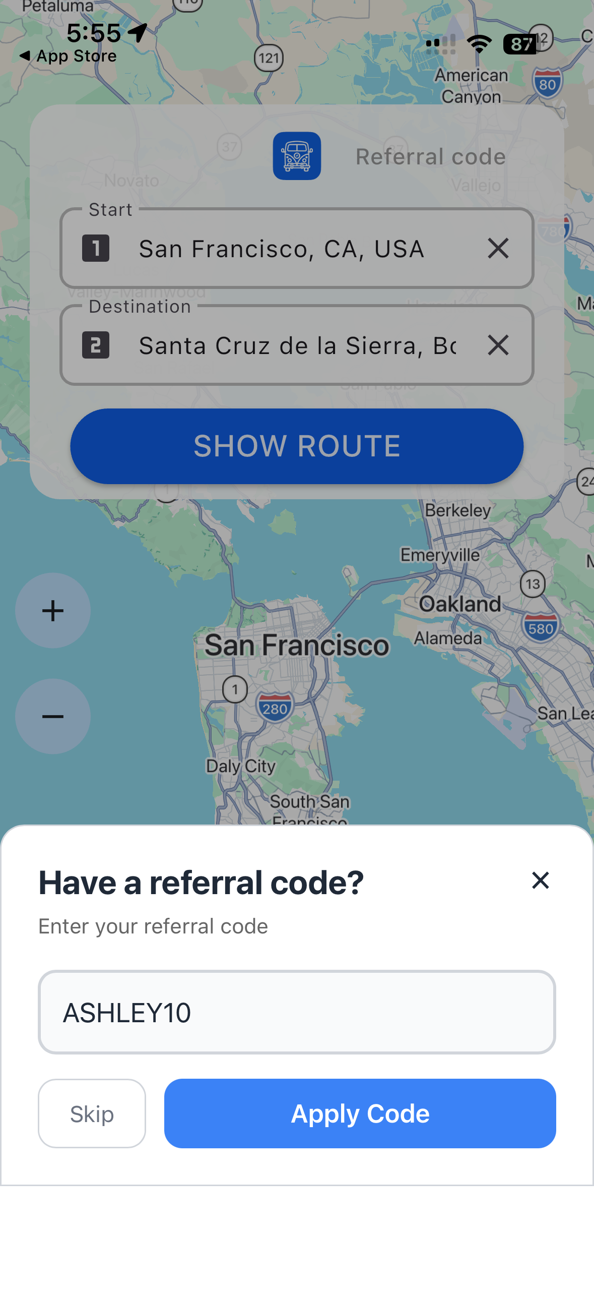 In-app referral-code sheet with a code field and Apply Code button.