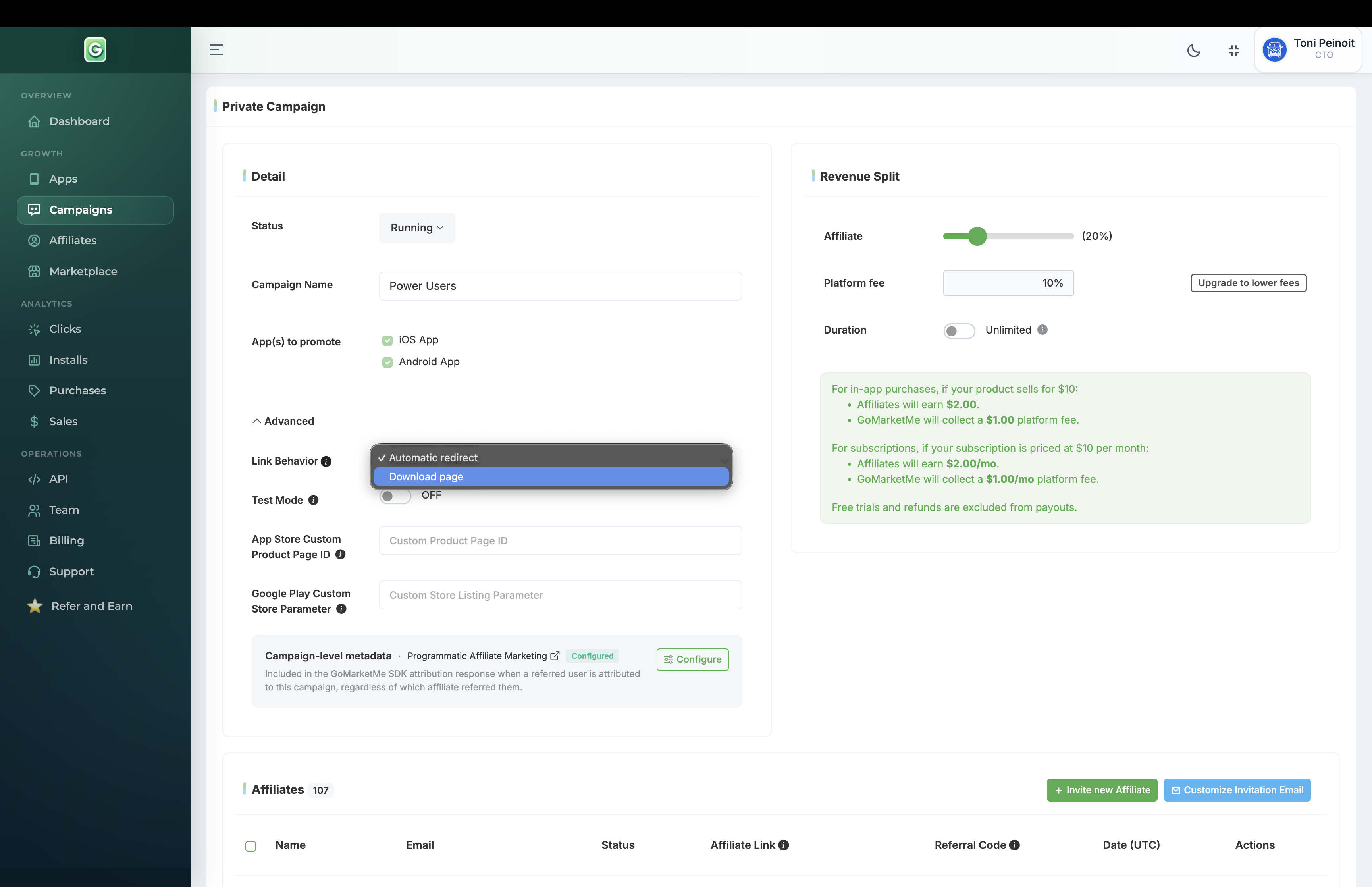 GoMarketMe Link Behavior dropdown with Automatic Redirect and Download Page options